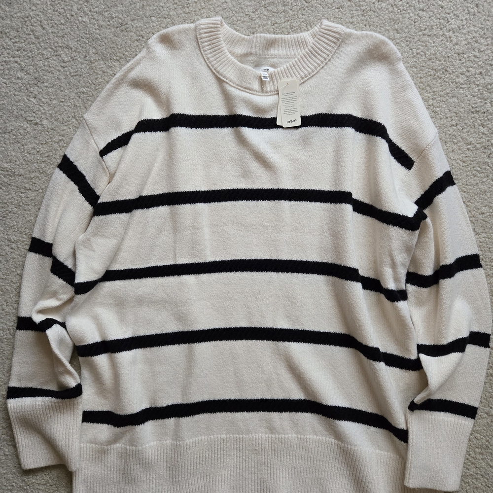 Aerie Cream and Black Striped Crewneck Sweater